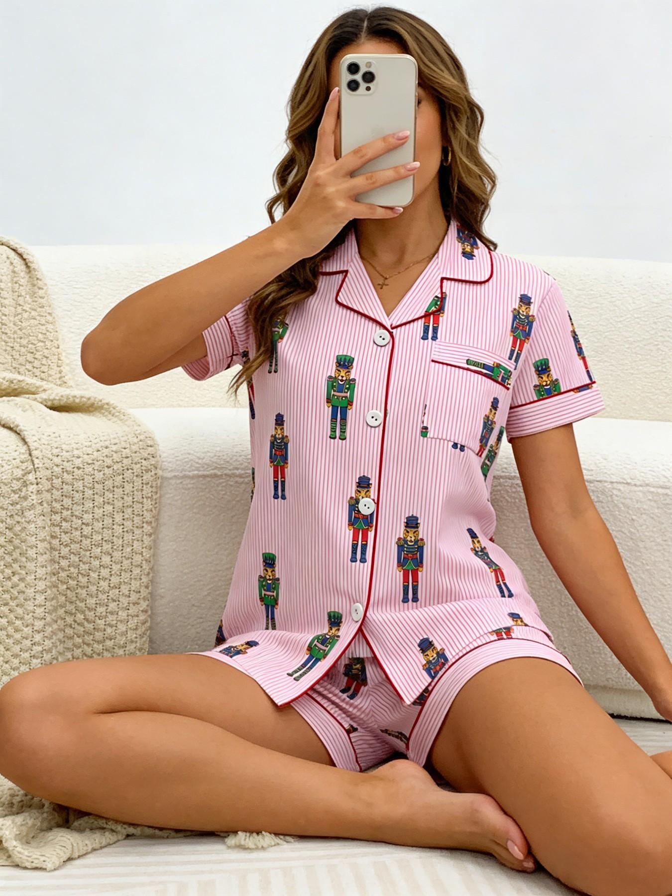 Women's Short Sleeve Button Down Top and Shorts Pajama Set, Spring Summer Wear, For Nutcracker Fairy Tale Lovers, Pink Stripe Colorful Nutcracker Soldier Print, Classic Lapel Collar, Loose Fit, Comfortable For Home & Holiday Gatherings