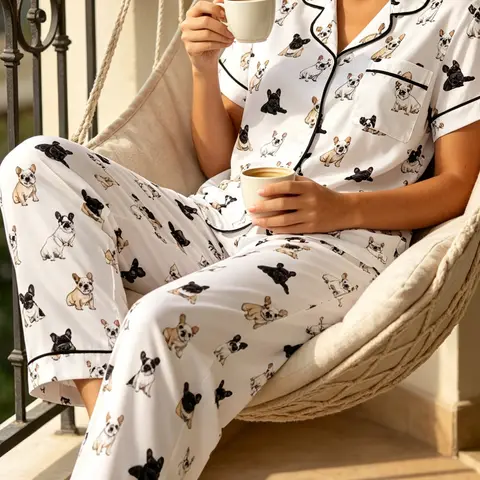 Women's 2-Piece Fall Winter Pajama Set, Short Sleeve Button Front Shirt and Pants, Cute Dog Print, Casual Home Wear