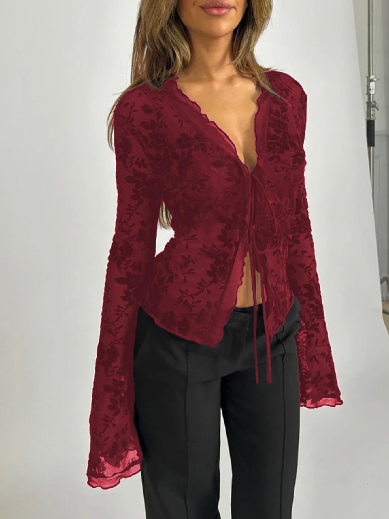 Women's Plain Ruffled Bell Sleeve Top, Sexy Slim-Fitting Graphic Blouse, Fall Fashion, Women's Casual Wear, Stylish and Comfortable