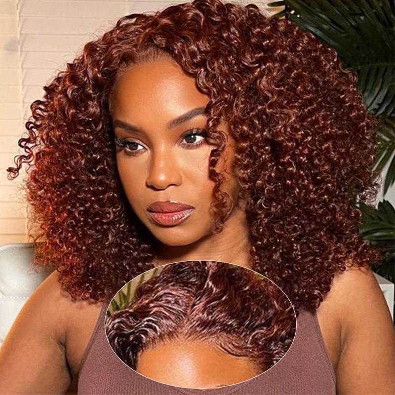 MORE FACE #33 Reddish Brown Kinky Curly Wig Wear and Go Glueless Wig Human Hair Pre Plucked Pre Cut 6*4 Transparent Lace Closure Wigs Natural Hairline