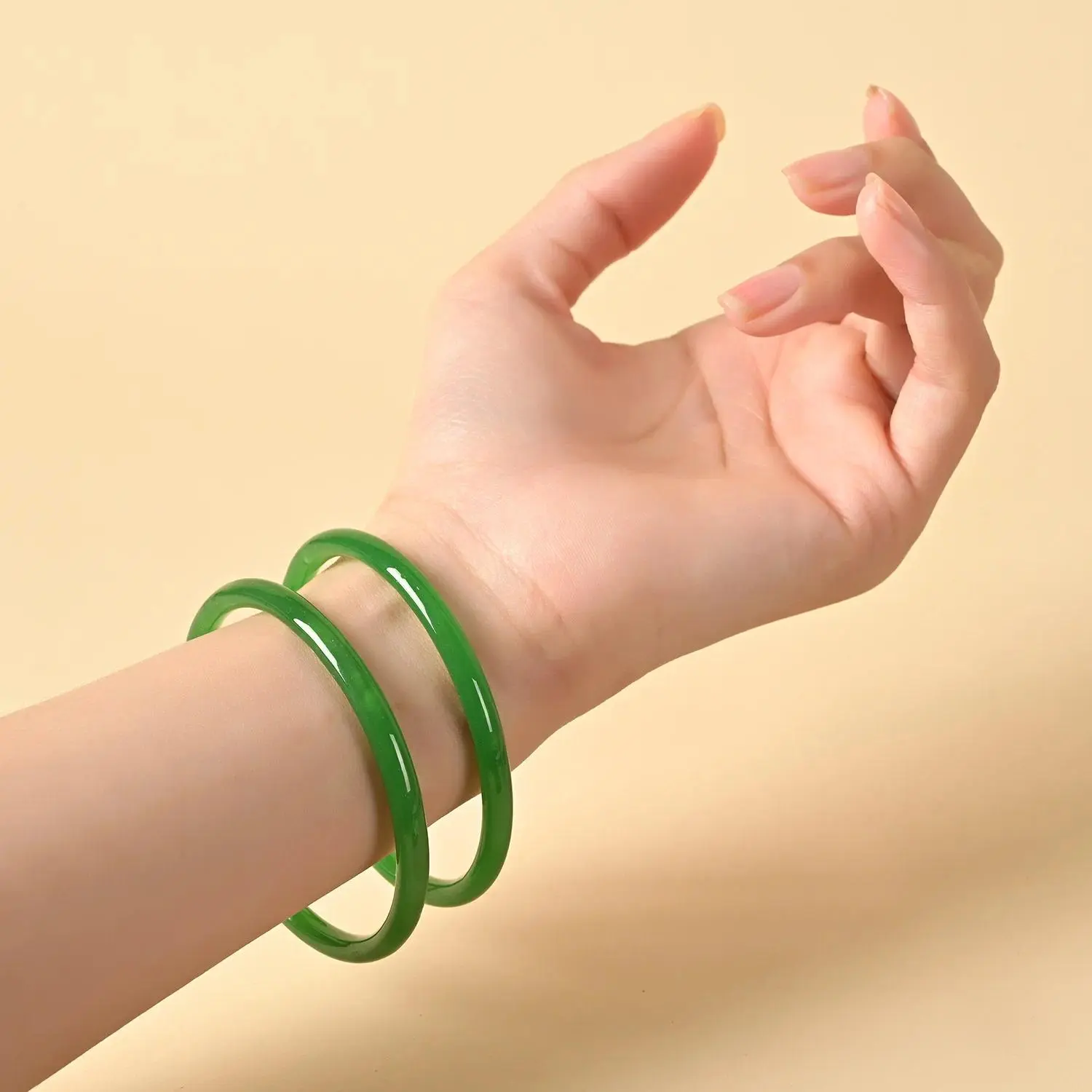 2Pcs/Set Classic Imitation Natural Jade Solid Color Jingle Bangles - Vintage Palace Simple Glass Bracelets, Chinese Ancient Style Jewelry for All Occasions