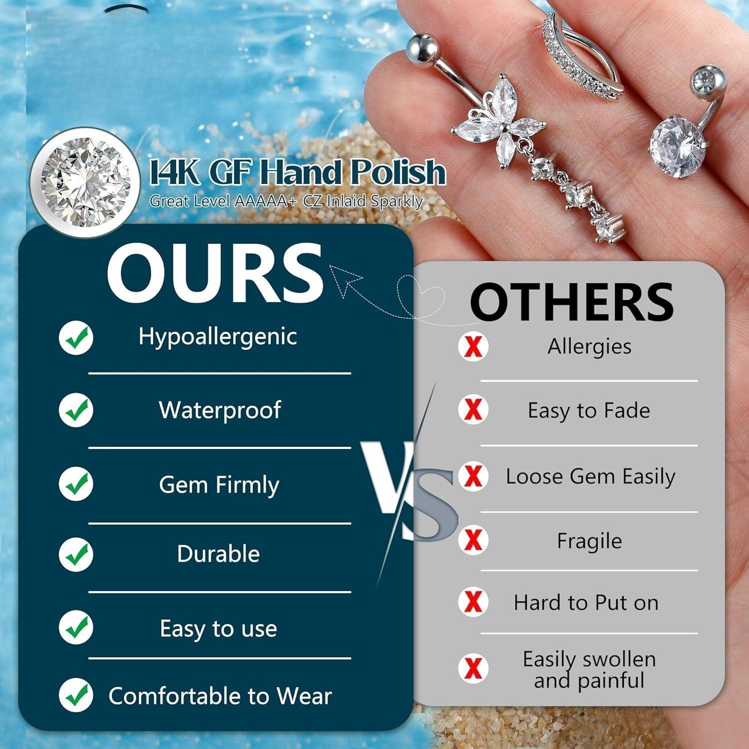 CASSIECA 10Pcs 14 Gauge Surgical Steel Rhinestone Heart Dangle Navel Piercing Rings, Women's Casual Short Clicker Belly Button Jewelry, Body Piercings Set for Summer Vibes, Belly Button Rings
