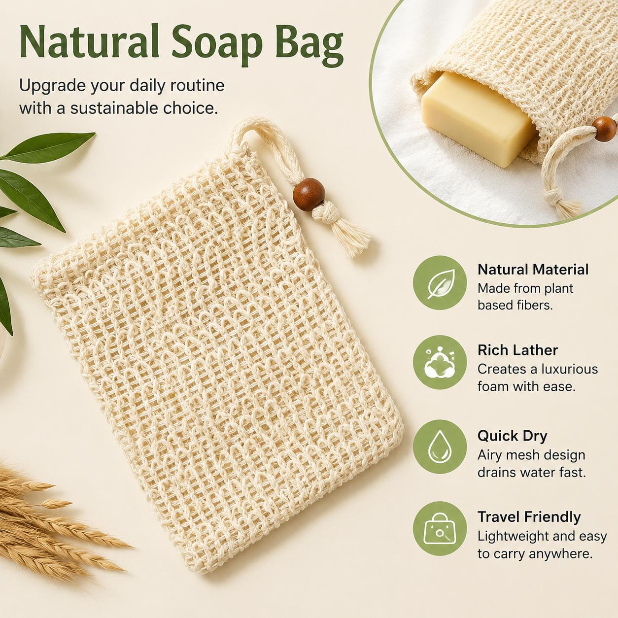 4-Pack Natural Sisal Bath Soap Bags, Plastic-Free Biodegradable Shower Scrubber Pouches - Gentle Exfoliation, Efficient Lathering Soap Cleansing, Quick Drying, Waste Reduction Set Pack, Accessories, Four Pieces
