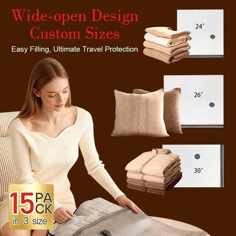 【2025 Upgraded】 Cordless Travel Vacuum Storage Bag Set – 15-Pack Compression Bags for Carry-On Suitcases – 140L/Min Powerful Air Removal – USB Rechargeable Handheld Pump with Built-In Battery – Space Saver for Clothes & Packing， waterproof, reusable