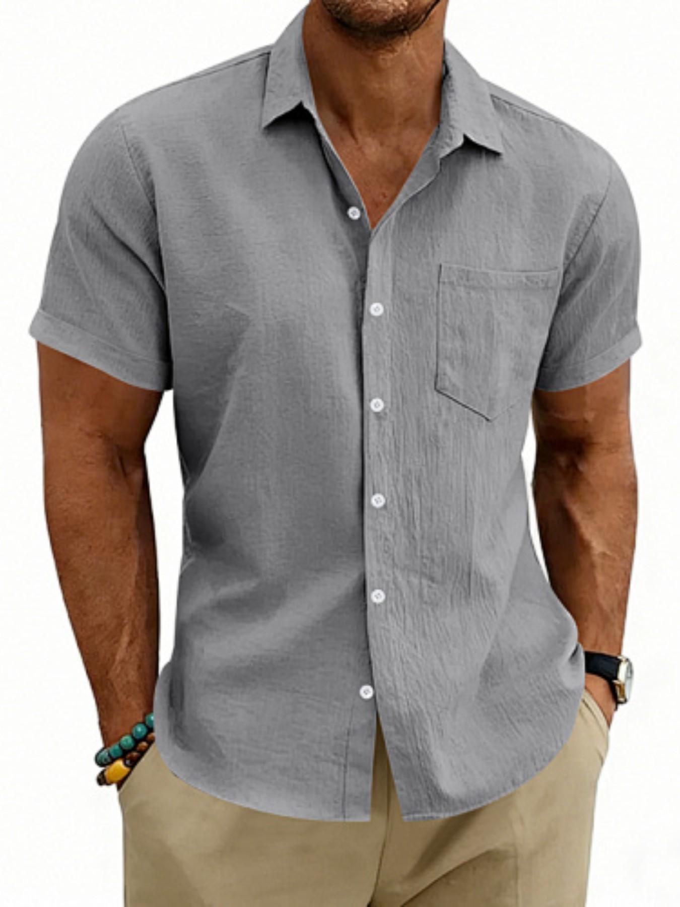 Men's Hawaiian-style linen loose-fit semi-high-neck short-sleeved top, designed for casual daily wear with comfortable and breathable fabric