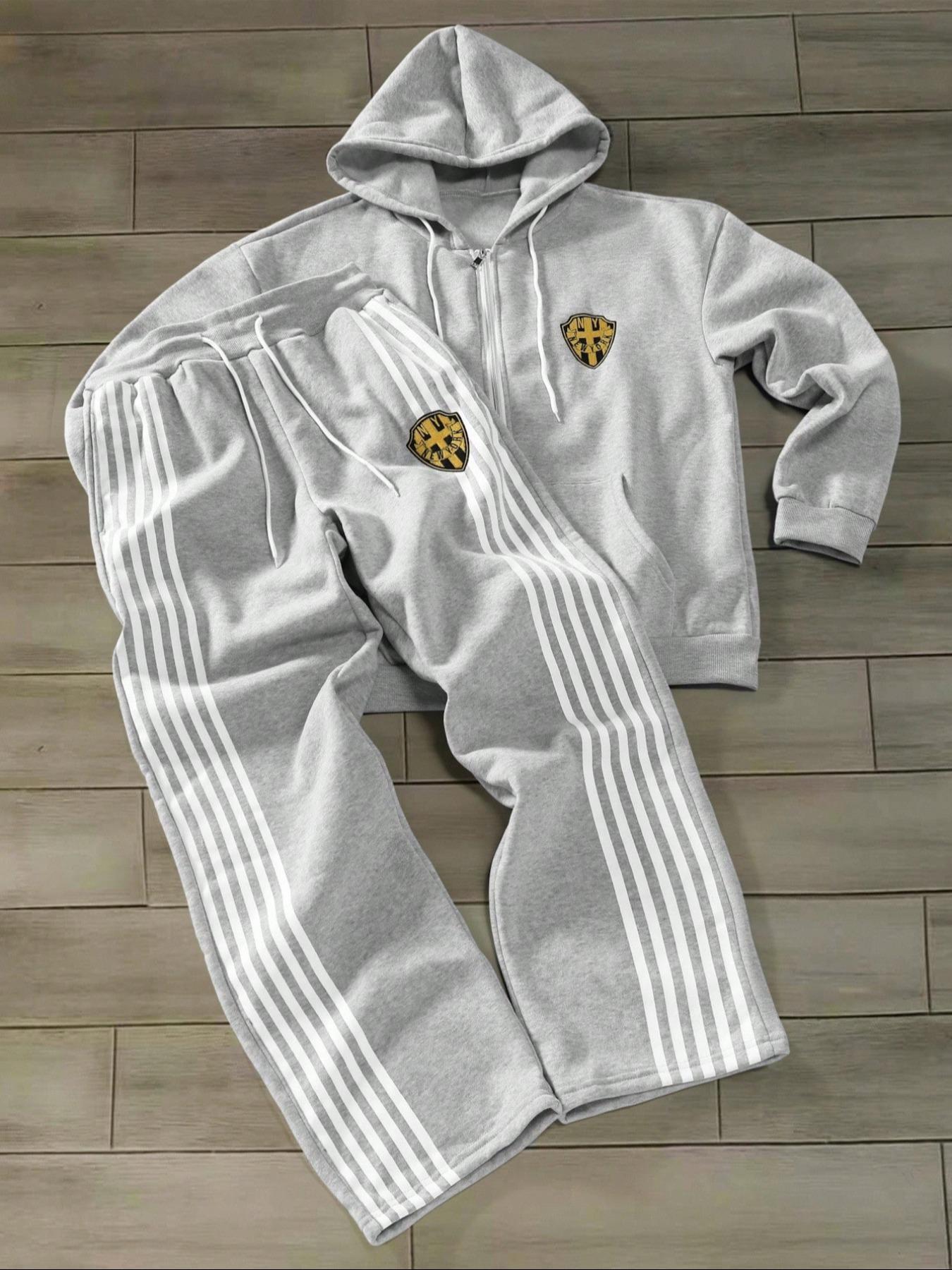 Men's Sportswear Set, Full Zip Hoodie & Drawstring Sweatpants, Fleece Lined, Casual Jogging, Fall Winter Long Sleeve Top,Winter outfits, Athletic Activewear Tracksuits