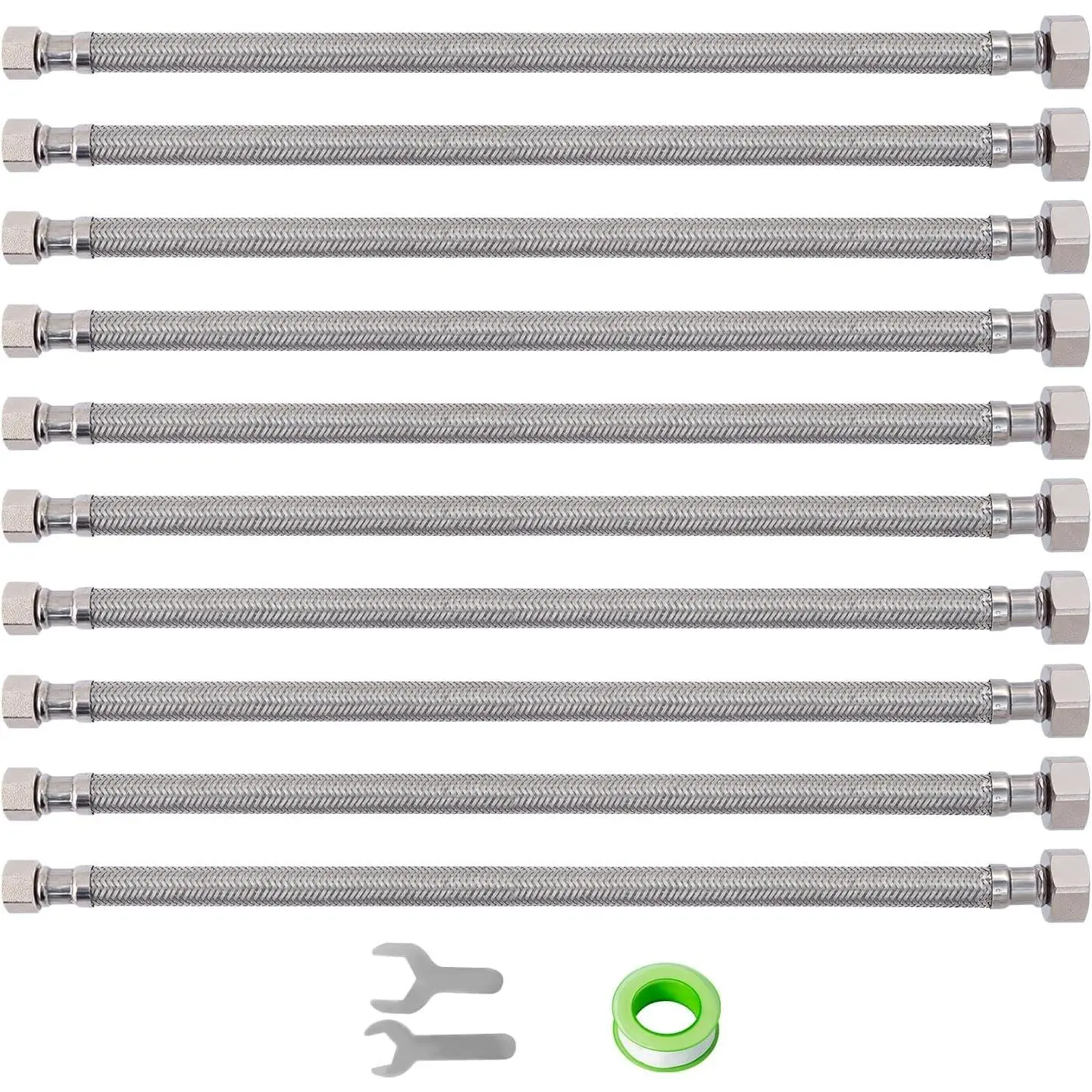 (10 Pack) 16 Inch Faucet Supply Lines, 3/8" Female Comp Thread x 1/2" FIP Thread Sink Hose, 16" Stainless Steel Braided Faucet Supply Line for Bathroom, with 2 Wrenches and 1 Sealing Tape
