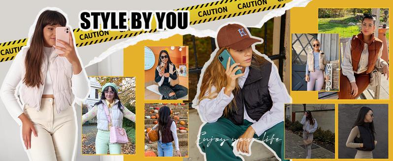 Yeokou Women's Beige Cropped Puffer Vest Stand Collar Full Zip Sleeveless Warm Padded Jacket for Casual Autumn Wear