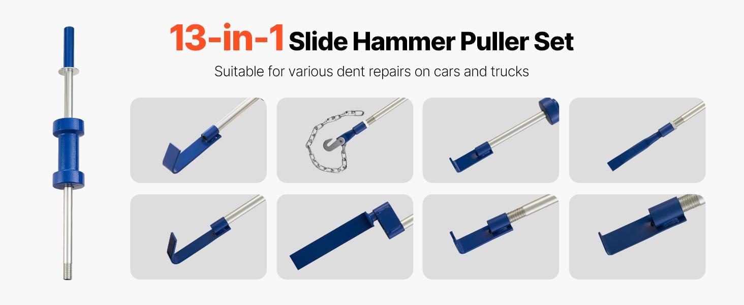 VEVOR Heavy-Duty Paintless Dent Removal Kit, 13 lbs 14-in-1 Slide Hammer Tool for Cars & Trucks, Hardened Metal Auto Body Repair with Curved Hooks, Extension Rod, Non-Slip Handle, Carrying Case, Multiple Tools, No Shop Visit Required