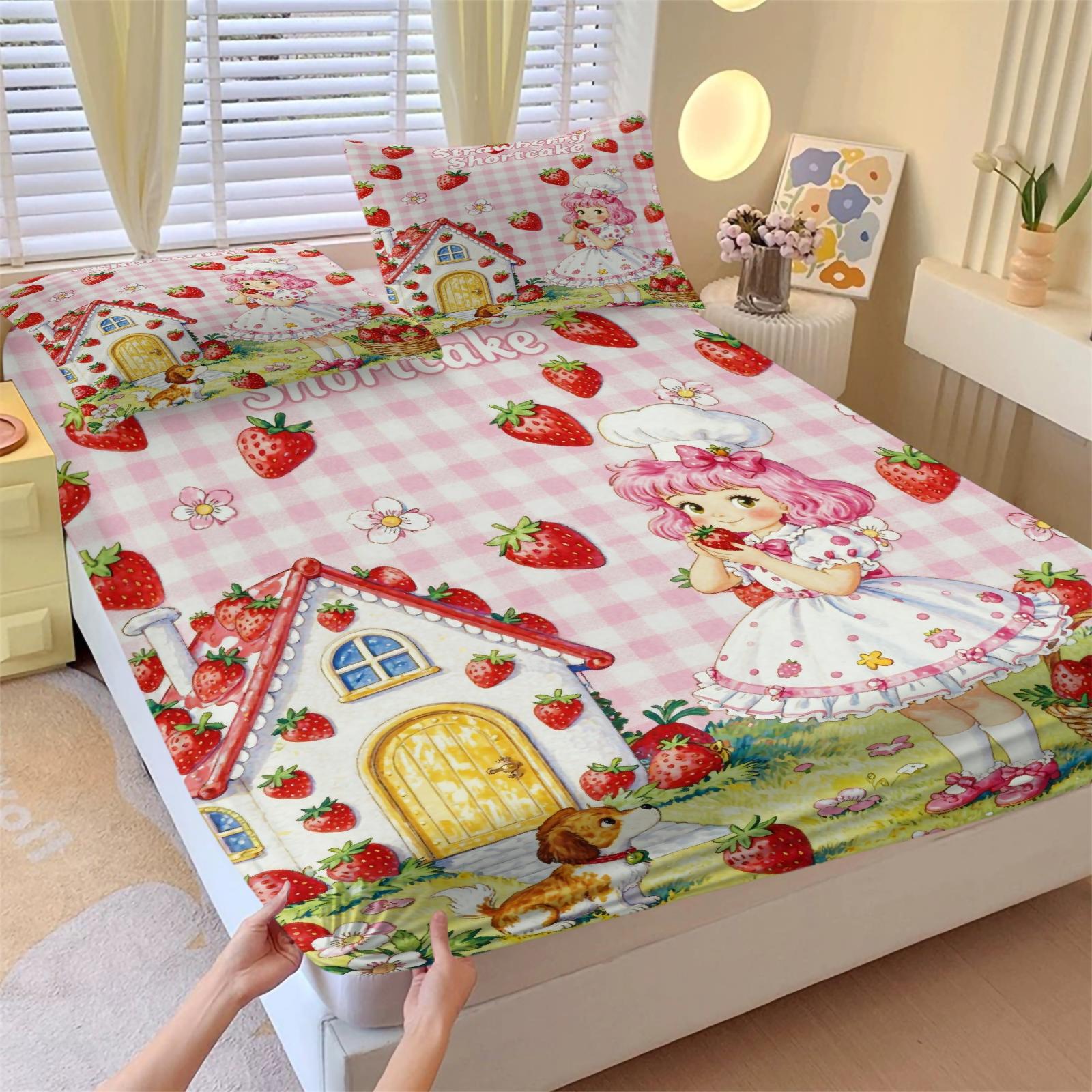 Strawberry Shortcake Gingham Fitted Sheet Set, 1 Fitted Sheet + 2 Pillowcases - 3 Pcs Soft Breathable Bedding with Deep Pocket, 360° All-Round Wrap, Wrinkle Resistant, Cute Strawberry Cartoon Bed Sheets for Girls Bedroom Decor, Full Size