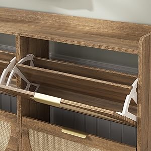 Vabches Large Rattan Shoe Storage Cabinet with 4 Flip Drawers Freestanding Organizer for Entryway Hidden Silver Handles Narrow Rack Cabinet Geometric Aesthetic Hand-Woven Rattan Craftsmanship