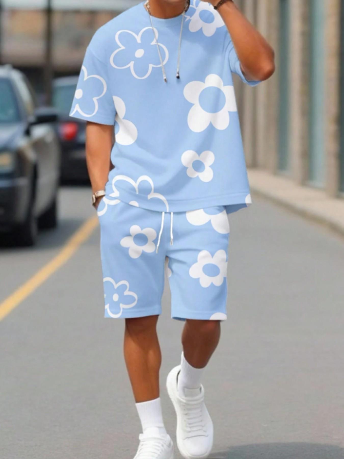 Men's 3D Printed Short Sleeve Top and Shorts Two-Piece Set, Casual Fitted Design, All over Print, Summer Fashion