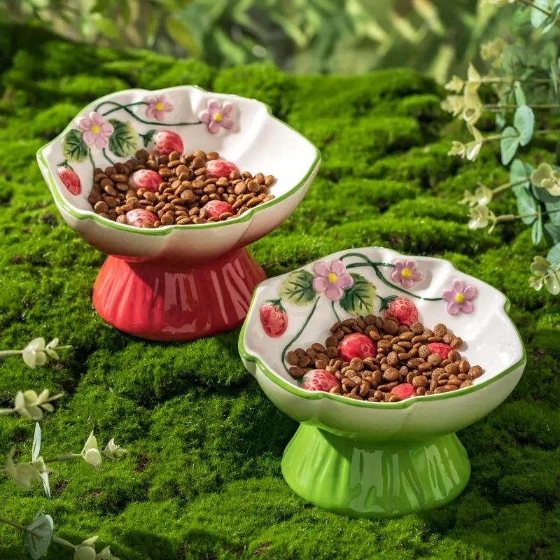 Ceramic Strawberry Slow Feed Bowl, High Feet Design, Anti-Gag and Anti-Spill, Neck Support for Cats and Kittens, Pet Feeding Solution
