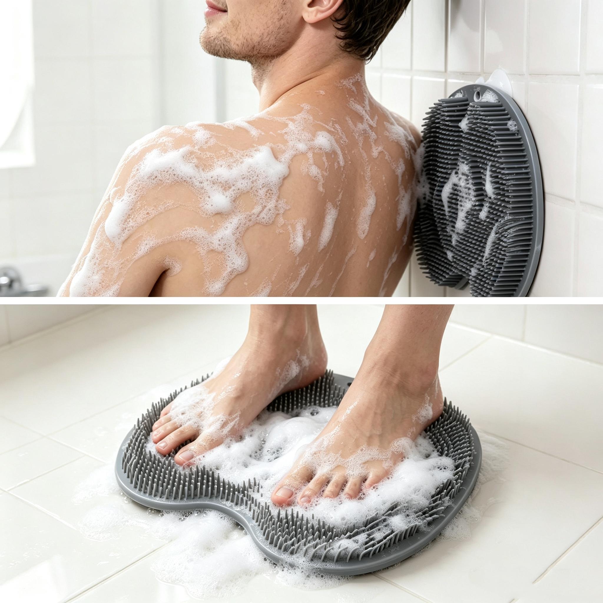 Silicone Shower Foot Scrubber Mat with Wall-Mounted Suction Cups, 25x30cm Feet & Back Cleaning Pad with Natural Sponge, Practical Hanging Brush, Fast Rinse Dry Relaxing Massage Bathroom Bath Accessory