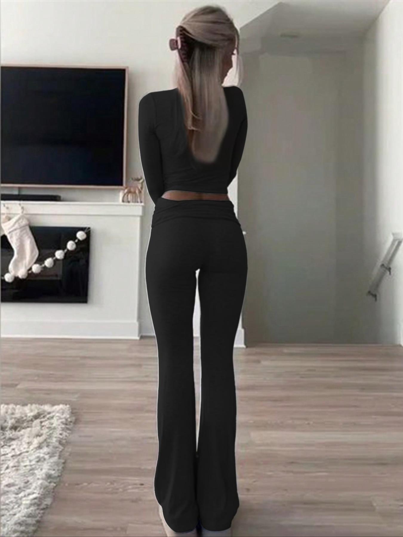 Women's 2 Piece Casual Pajama Set, Slim Fit Long Sleeve Top & Low Rise Bell Bottoms, Versatile Yoga Loungewear for All Seasons,Airport Outfit