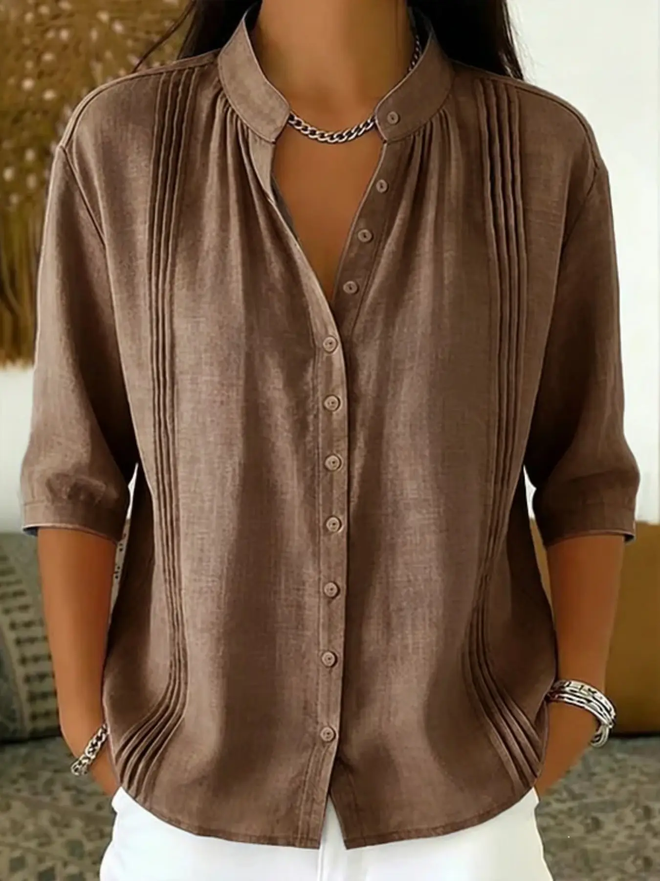 Women's Stand Collar Pleated Shirt, Button Up Blouses, Single Button Mid Sleeve, Loose Fit Chic Casual Commuter Top, Women's Fashion Upper Garment