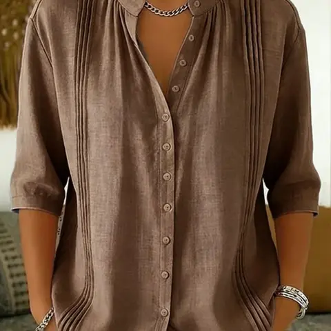 Women's Fashion Basic Stand Collar Pleated Shirt, Single-Button Mid-Sleeve Blouses, Loose Fit Chic Casual Commuter Top