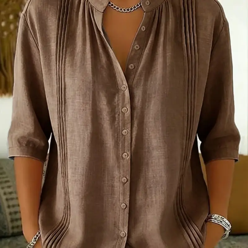 Women's Fashion Basic Stand Collar Pleated Shirt, Single-Button Mid-Sleeve Blouses, Loose Fit Chic Casual Commuter Top