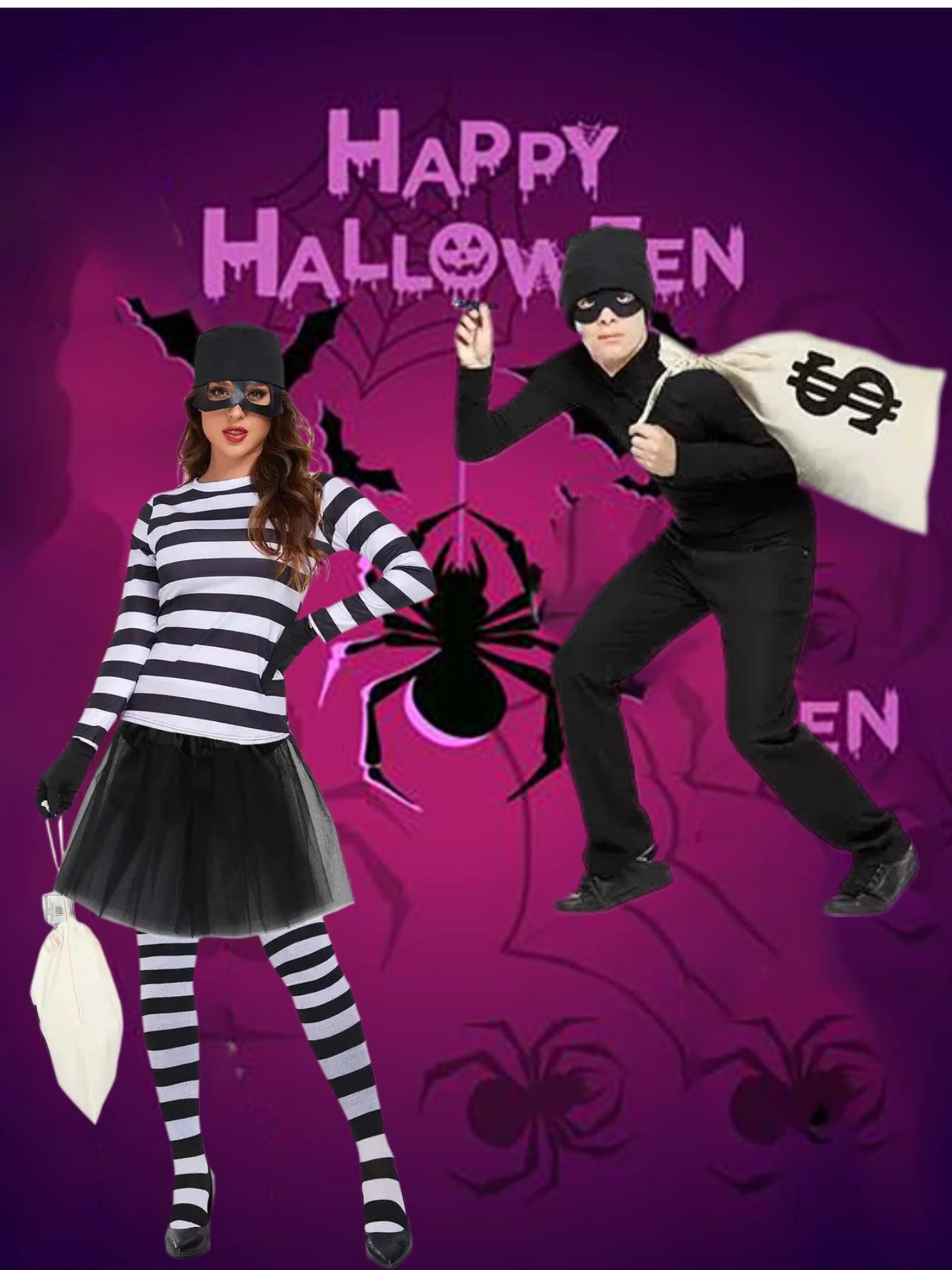 6-Piece Women's Thief Costume Set, Ballet Dress, Hat, Gloves, Eye Mask, Canvas Pouch, Striped Socks, Halloween, Easter, Christmas, Book Day