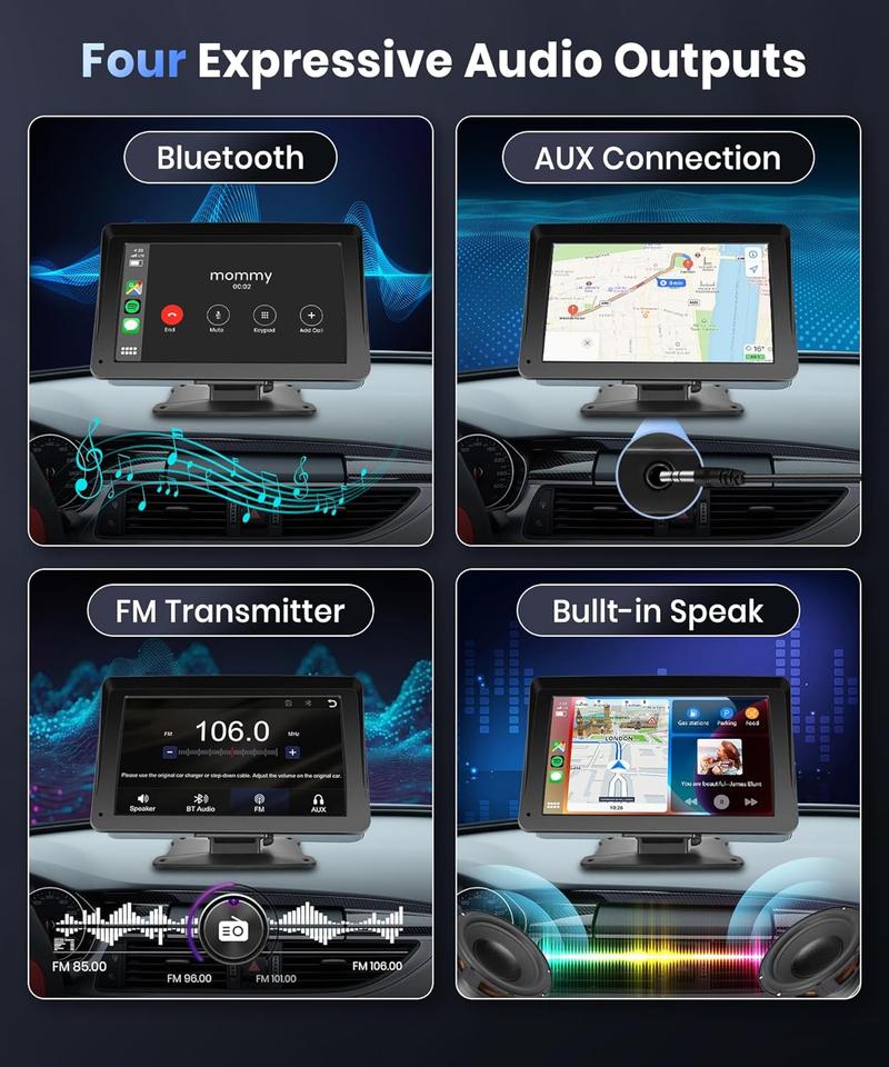 Portable Wireless Apple Carplay & Android Auto Car Stereo with Voice Control,7 Inch Touch Screen Double Din Stereo with Bluetooth, Multimedia Player, Car Audio with Mirror Link/AUX/FM