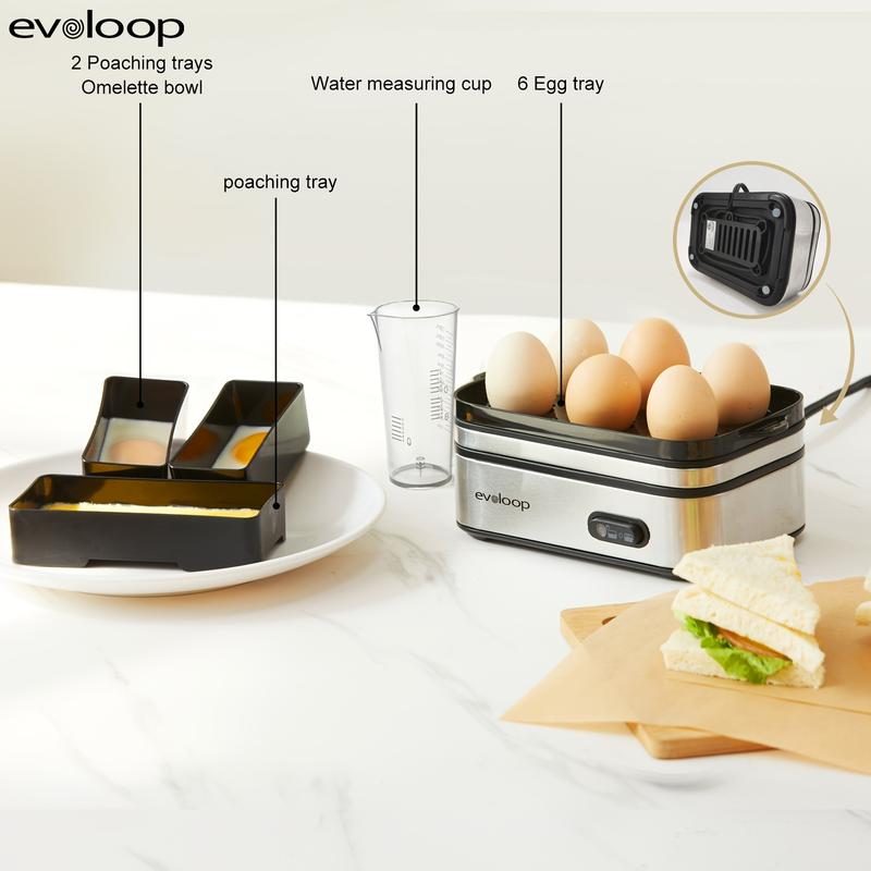 EVOLOOP Rapid Egg Steamer - 6-Egg Capacity, BPA-Free Stainless Steel with Clear Tritan Lid, 400W Electric Egg Cooker for Hard Bo iled, Poached, Scrambled, or Omelette, Includes Measurement Cup & 2 Poaching Trays, Auto Shut Off
