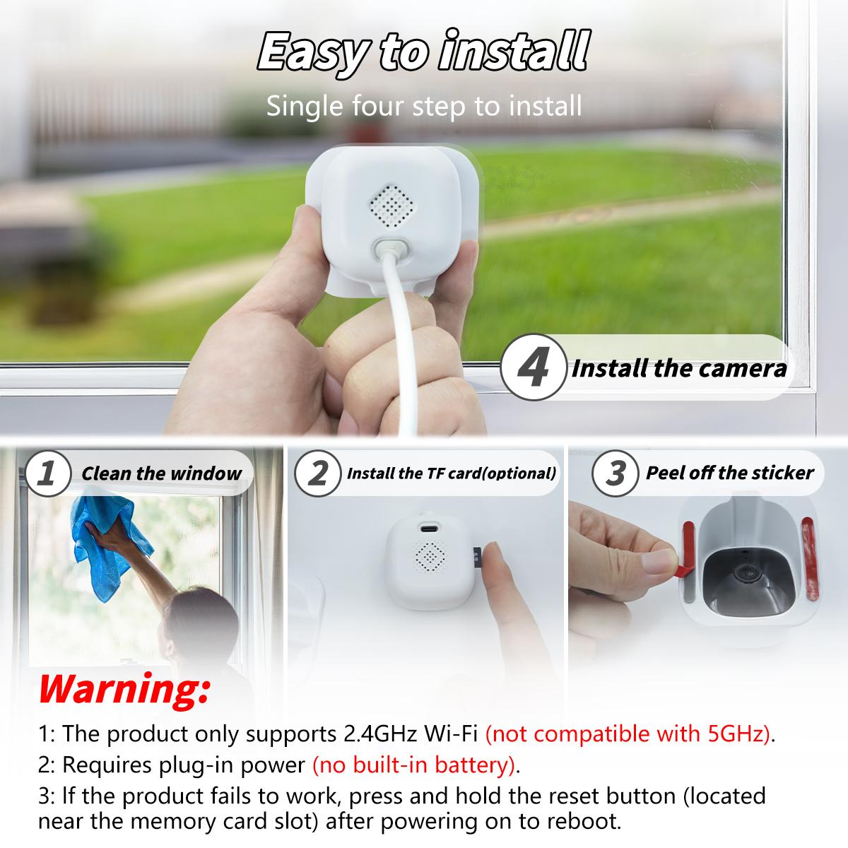 1080p Smart Window Wall Home Security Camera, 2.4GHz WiFi Indoor Outdoor Use, Full Color Night Vision & Motion Detection, Two-Way Talk & APP Control, 24/7 Recording, Easy Installation, Wireless Security Camera