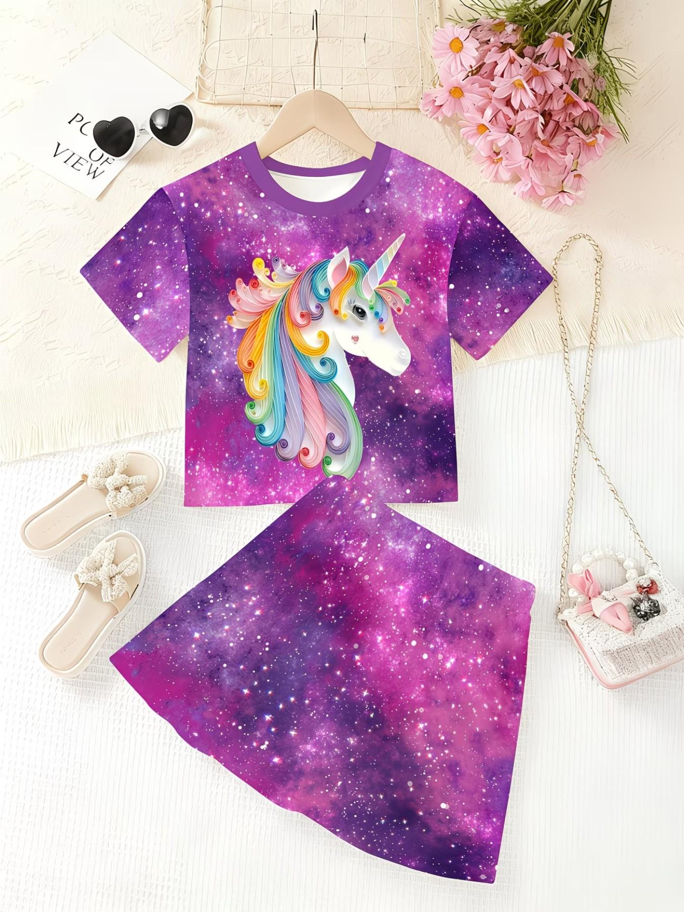 Girls' 3D Unicorn Print Top and Skirt Set, Casual Summer, Slim-Fitting Round Neck Short Sleeve, All over Print, Two-Piece Set