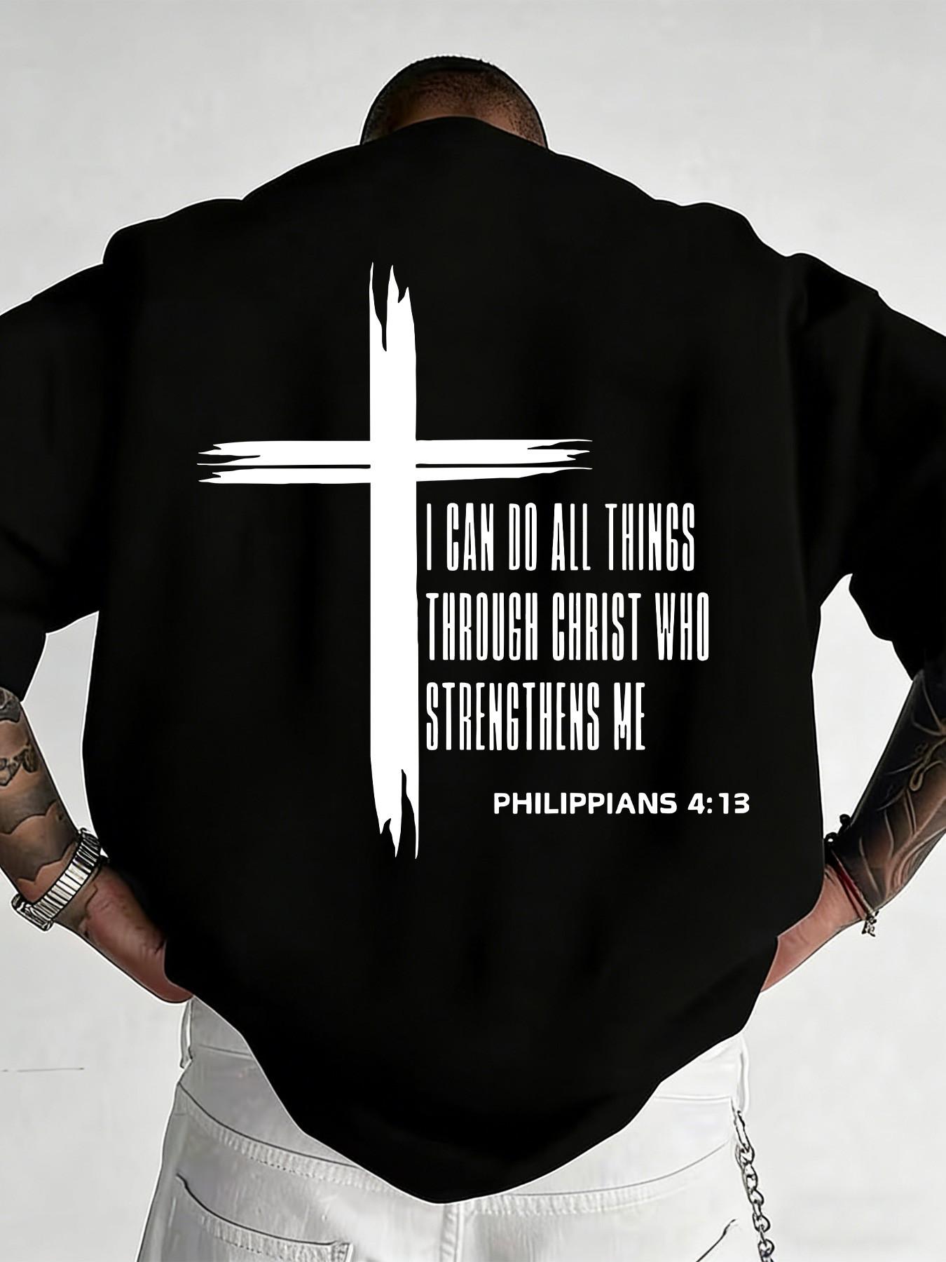 Religious T-Shirt with Cross Print, Philipians 4:13 Quote, Casual Fitted H-Type, Plain Pattern, Men's Short Sleeve Top