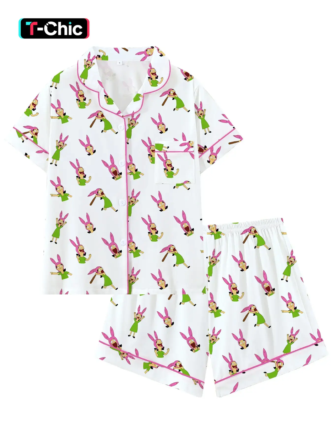 Bobs Burgers Family Louise Cute Burger Collar Short Sleeve Pajama Set Pjs, Comfortable Sleepwear Loungewear and Homewear Lounge Clothes for All Seasons, Party Gift, Collared Pajama Set, Pajama Lounge Sets