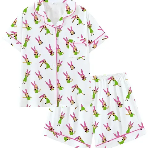 Bobs Burgers Family Louise Cute Burger Collar Short Sleeve Pajama Set Pjs, Comfortable Sleepwear Loungewear and Homewear Lounge Clothes for All Seasons, Party Gift, Collared Pajama Set, Pajama Lounge Sets