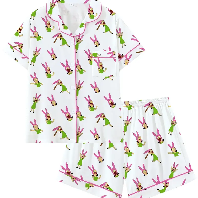 Bobs Burgers Family Louise Cute Burger Collar Short Sleeve Pajama Set Pjs, Comfortable Sleepwear Loungewear and Homewear Lounge Clothes for All Seasons, Party Gift, Collared Pajama Set, Pajama Lounge Sets