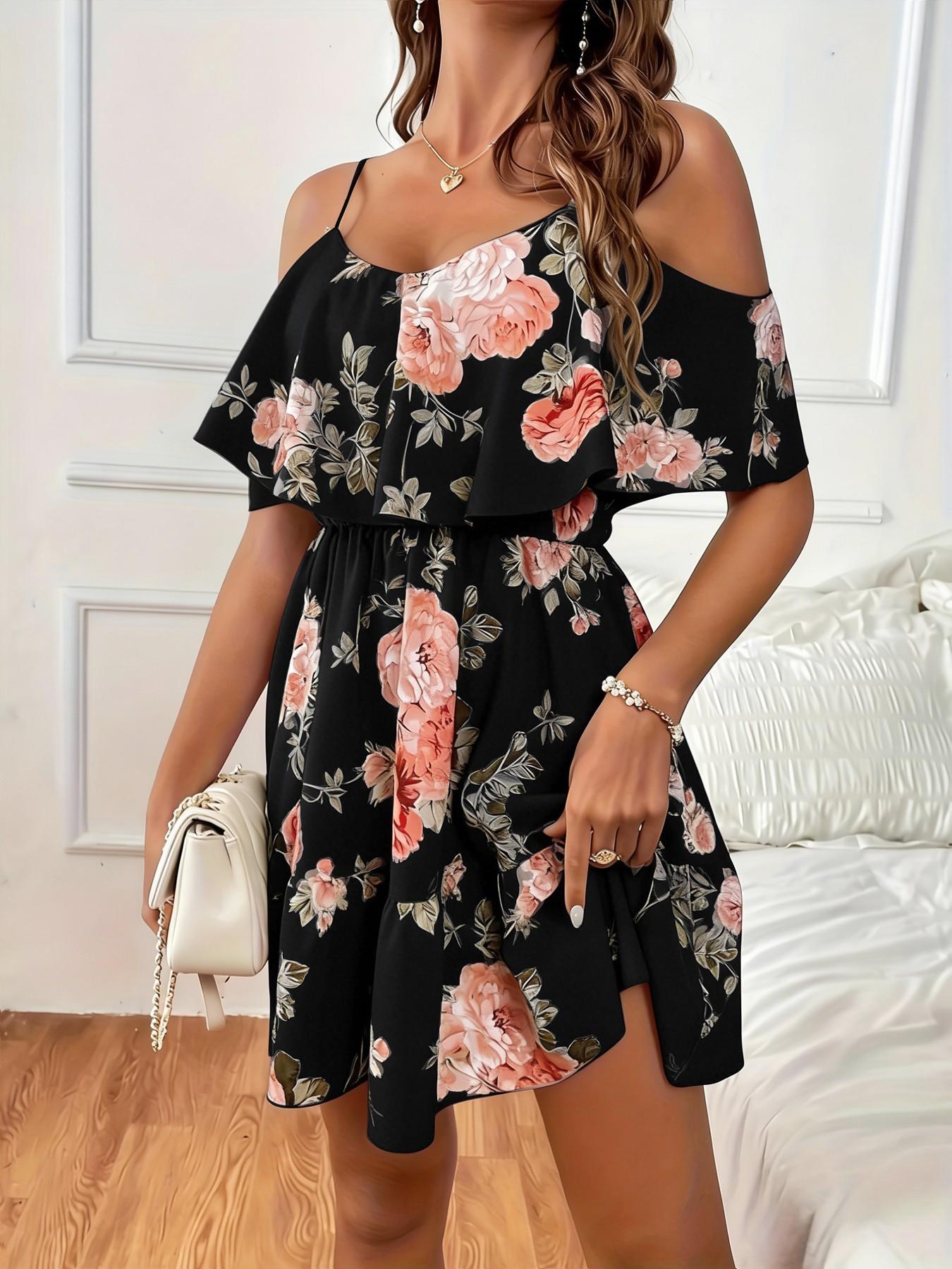 Women's Summer Casual Fashion Backless Strapless Ditsy Floral Dress, Boho Vacation Style Slimming Fit, Short Sleeve Fitted Dress