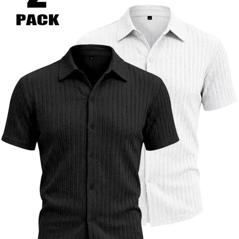2-Pack Summer New American Texture Short Sleeve Shirt for Men, Lightweight Breathable Collar Open Cardigan, Casual Commute Vacation Style Top, Textured Casual Shirt