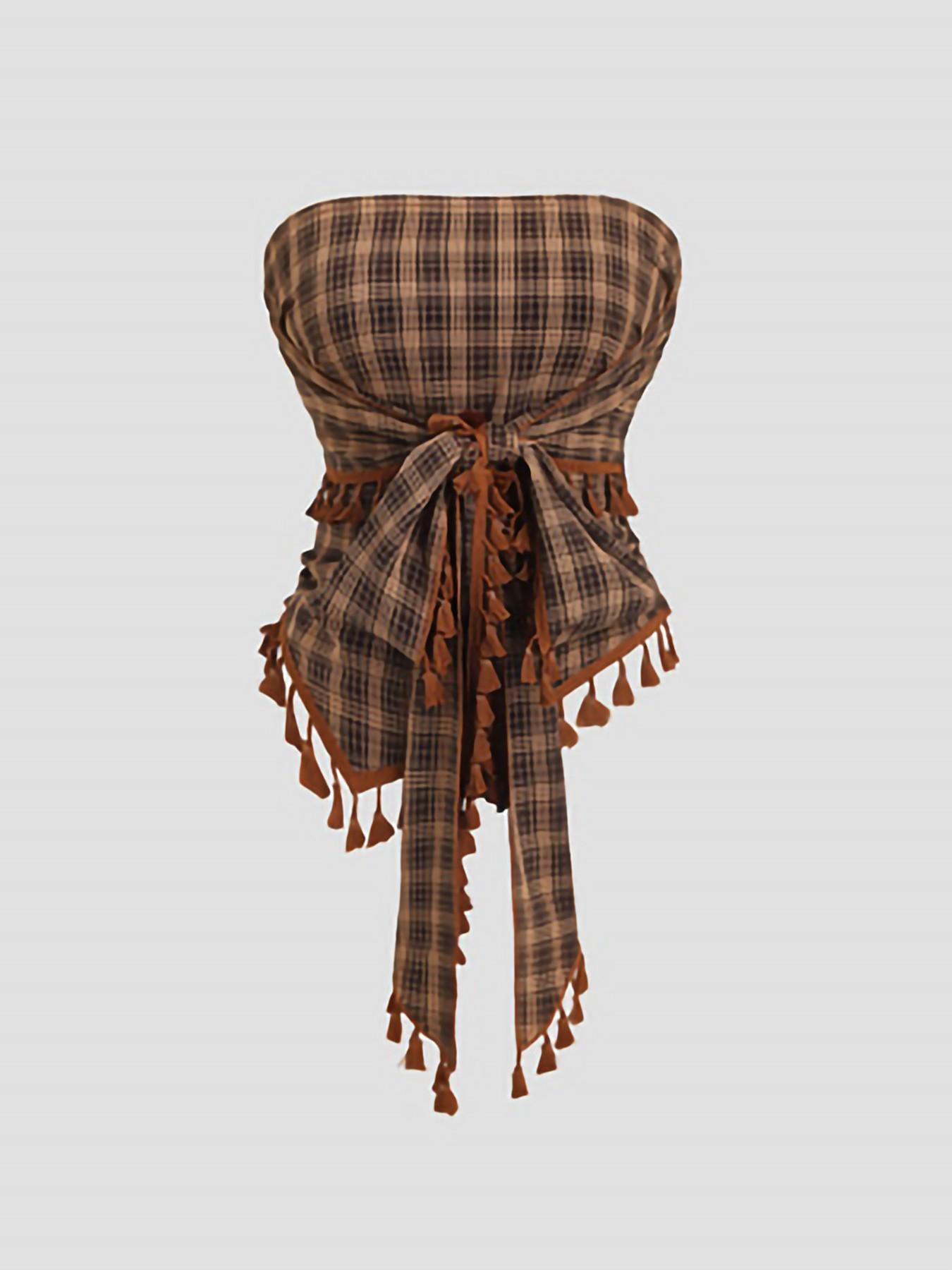 Women's French Vintage Plaid Fringe Trim Bow Design Short Tube Top, Bow Decor Cami, Perfect for Parties, Evening Events and Vacations, Elegant Style Top Women's French Vintage Plaid Fringe Trim Bow Design Short Tube Top, Bow Decor Cami, Perfect for Parties, Evening Events and Vacations, Elegant Style Top