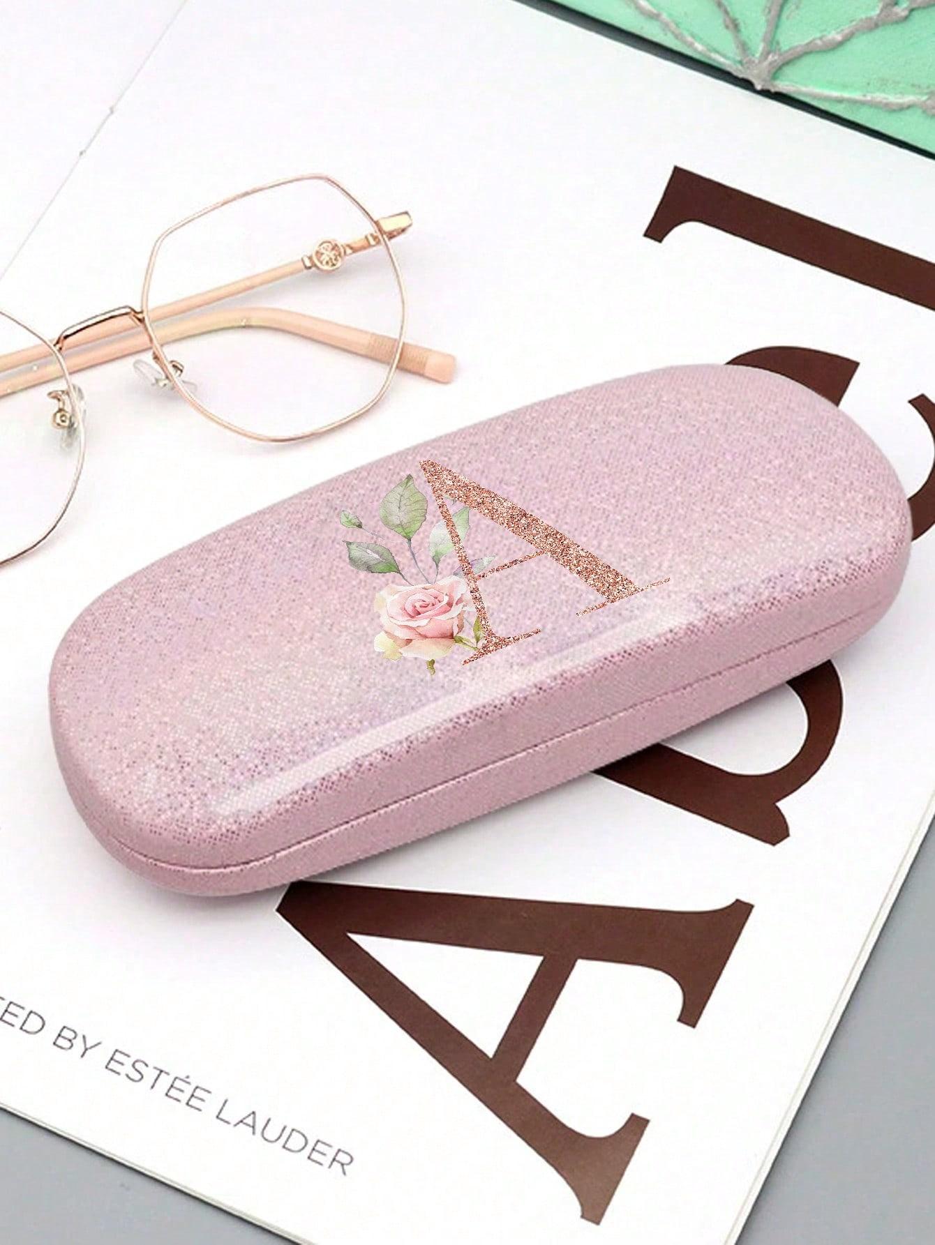 Pink Shiny Flower Letter PU Leather Glasses Storage Case, Portable Magnetic Glasses Storage Box, Sports Fashion Glasses Case Glasses Bag Travel Bag Portable Glasses Bag, Designed Glasses Case for Men, Women, and Students Glasses Accessories
