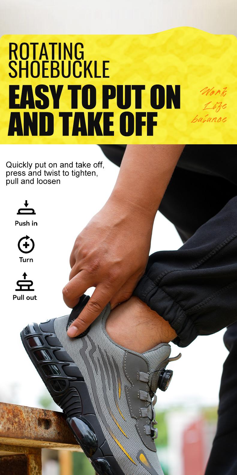 QINGRUIPAI Men's Breathable Mesh Work Sneakers Durable Anti-Slip Safety Shoes with Steel Toe Protection Comfort Fit for All Seasons Casual Striped Design Elastic Closure Non-Slip EVA Sole Outdoorfun Fathersdaygift