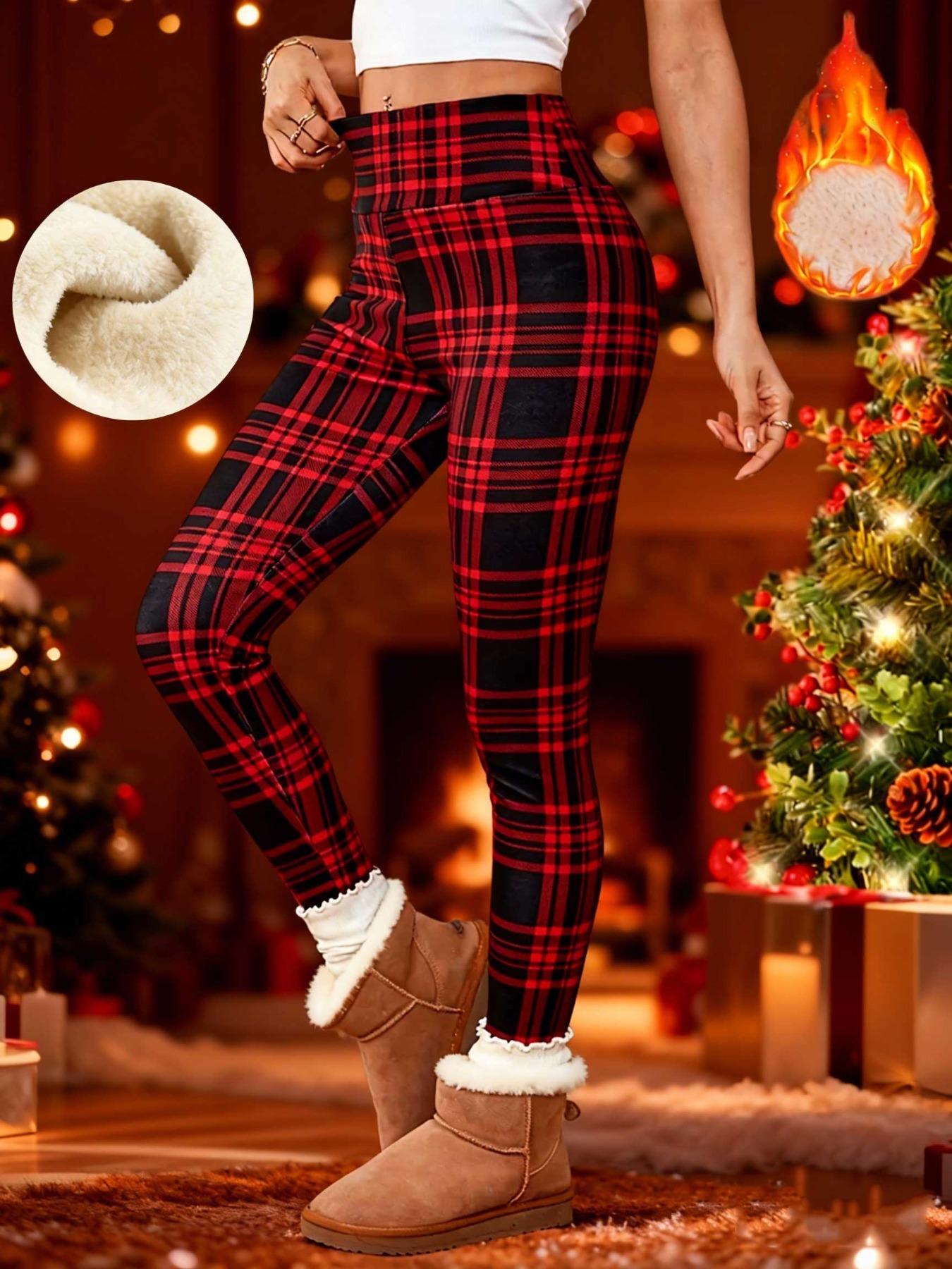 Women's Winter High Waist Plaid Fleece Lined Pants, Elastic Warm Lamb Velvet Nine-Point Leggings, Casual Fashion S-Xxl