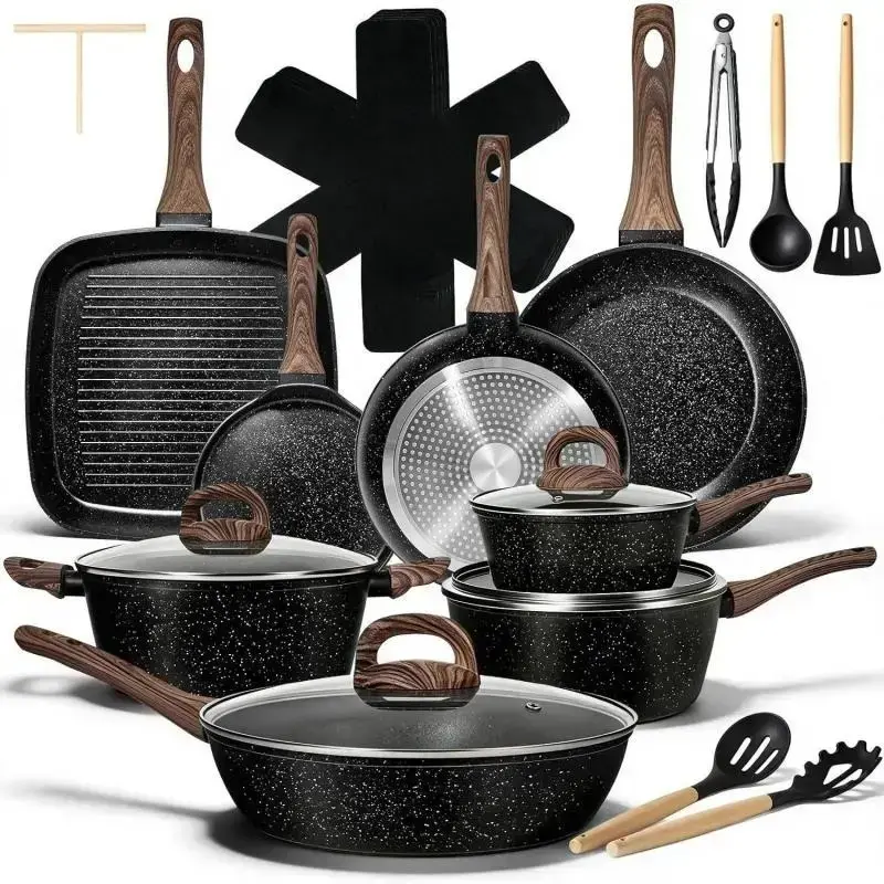 25-Piece Non-Stick Ceramic Cookware Set - PFAS/PTFE/PFOA-Free, Large Capacity, Induction-Safe Set with Round Pans, Frying Pan & Saucepan, Classic Black