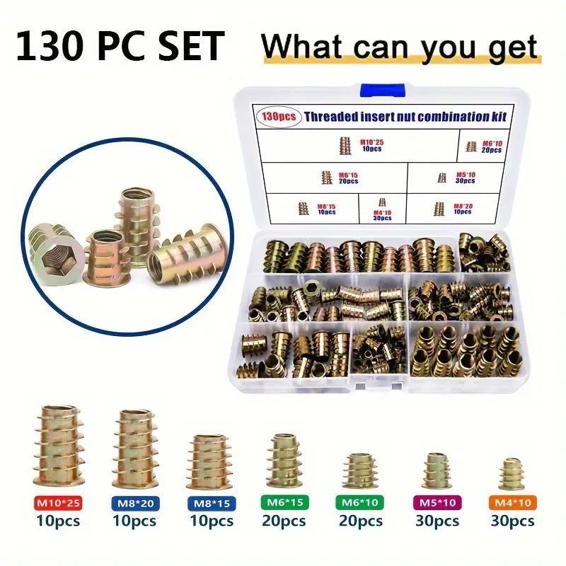 Threaded Inserts Set, 130pcs & 70pcs Nut Combo Tools for Woodworking, Durable Metal Bolts & Screws, Ideal for DIY Projects