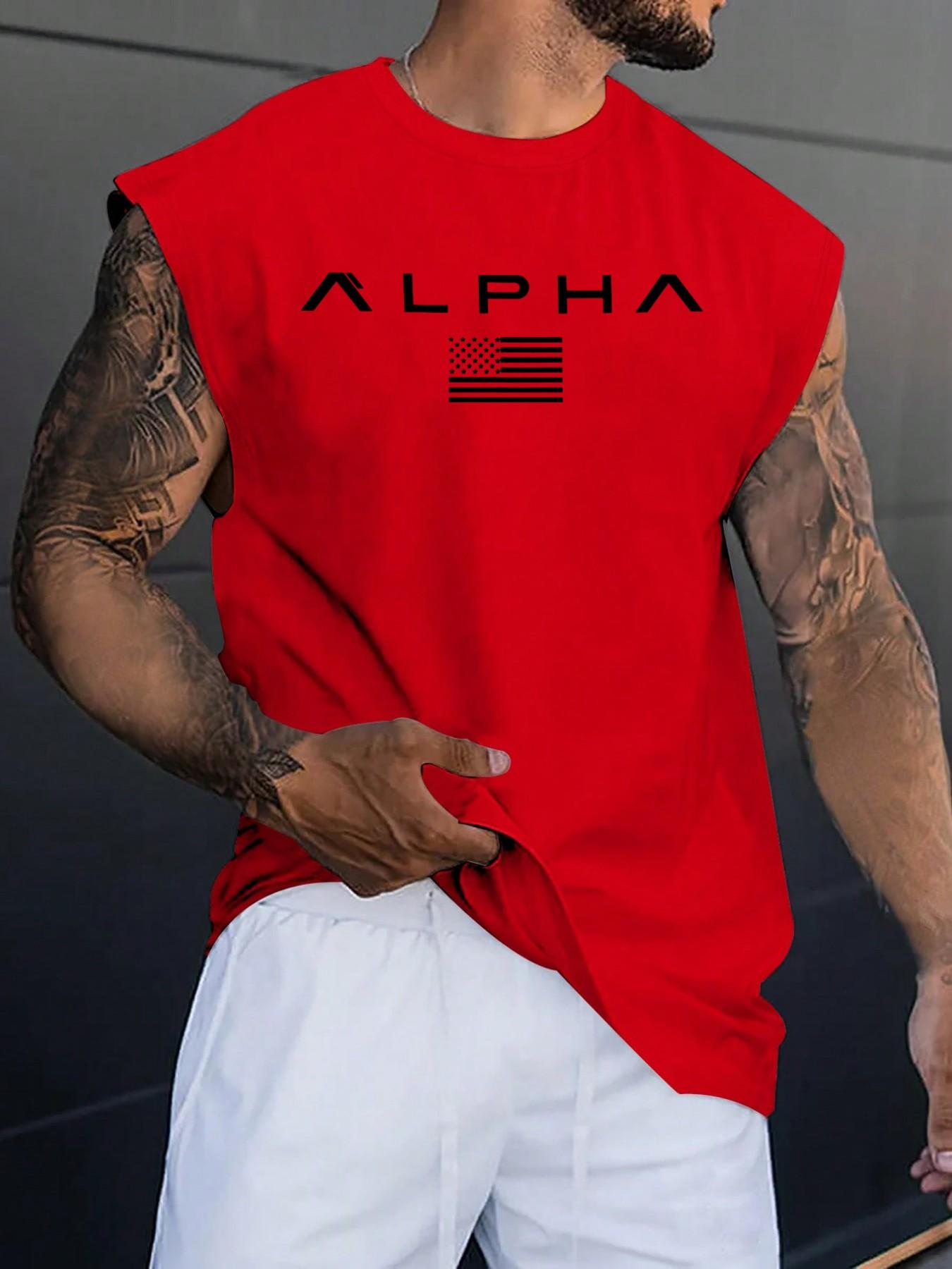 5pcs Men's Plus Size ALPHA USA Flag Graphic Sleeveless Tank Top, Casual Loose Fit Crew Neck Vest, Trendy Streetwear Tops for Summer, Daily Commute & Lounge