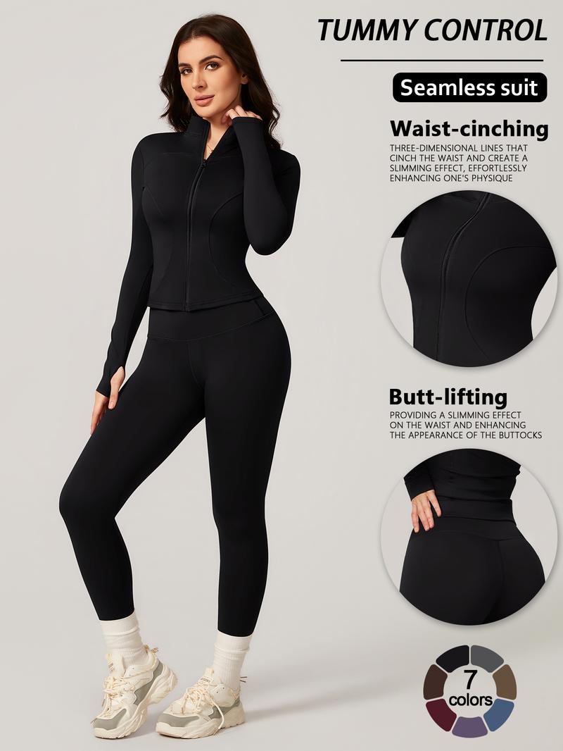 Women's Two-Piece Slim-Fitting Workout Set, Long Sleeve Top and Below-Ankle Sports Pants with Natural Waistline, All-Season Wearable Comfort Tracksuit Set