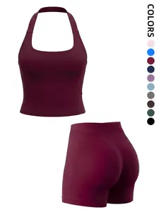 Women's Sporty Yoga Set, Backless Halter Top & High Waist Shorts, Comfortable Fitness Wear, Seamless Shaping, All Seasons