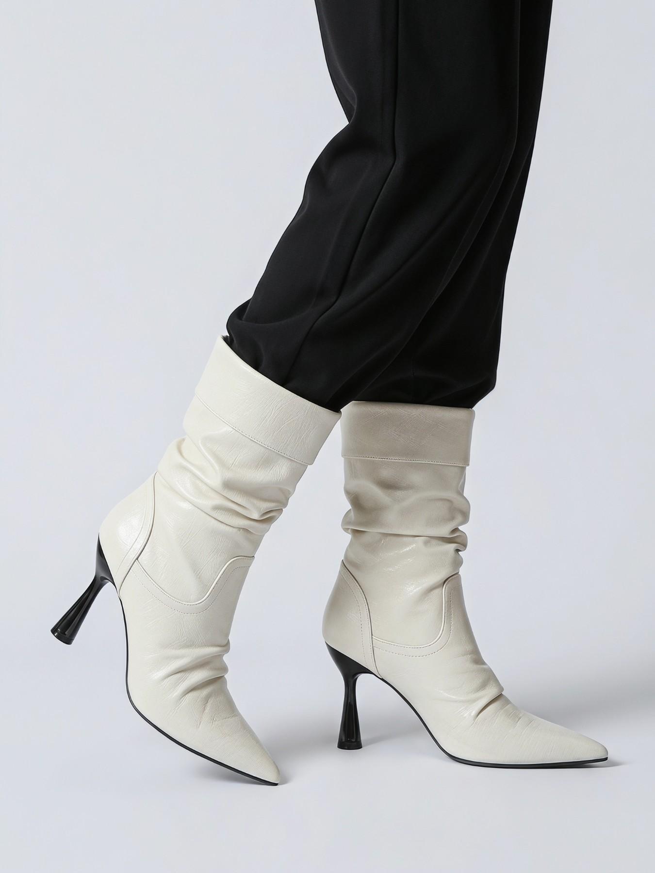 Women's Cream Color Pleated Mid-Calf Boots, Pointed Toe Bottle Heel, Vintage Style, Elegant Party Evening Shoes, Fall Winter Fashion, Pointy Toe Boot