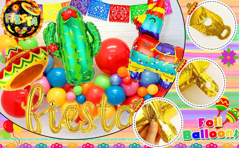 135pcs Fiesta Party Decorations，Mexican Party Decorations, Plastic Papel Picado Banner Cinco de Mayo Decor Day of the Dead Decorations，Fiesta Mexican Party Table Decoration Centerpiece，Taco Llama Cactus Balloons，Paper Streamer for Dia De Los Muertos