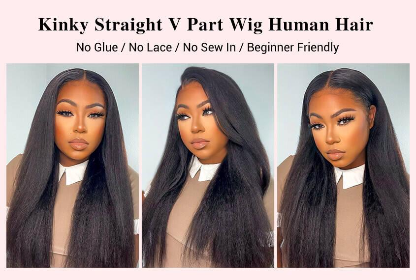 STERLY V Part Kinky Straight Human Hair Wig Yaki Straight Human Hair Wigs for Black Women Upgrade U part Wig No Leave Out 12A Glueless Kinky Straight V Shape Clip in Half Wig No Glue No Sew Beginner Friendly 180% Density Wig