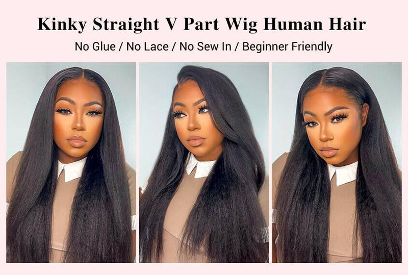 STERLY V Part Kinky Straight Human Hair Wig Yaki Straight Human Hair Wigs for Black Women Upgrade U part Wig No Leave Out 12A Glueless Kinky Straight V Shape Clip in Half Wig No Glue No Sew Beginner Friendly 180% Density Wig