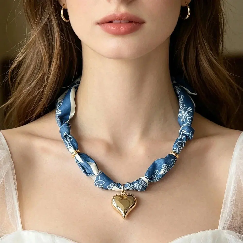 Cutie Bandana Scarf Necklace With Stainelss Steel Heart Charm Handmade Jewelry Gift for Mother Wife Girls