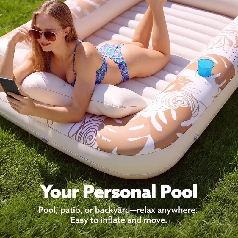 Inflatable Sun Lounger Float Ring with Cup Holder, 70x46 Inch Extra Large Adult Float with Pillow, 4-In-1 Pool Float, Party Gift