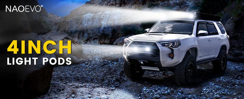 NAOEVO 4 Inch LED Pod Lights, Spot Flood LED Fog/Driving/Off Road Lights with 2 Leads Wiring Harness, Cube Pods for Truck Boat ATV UTV, 2 Pcs (White)