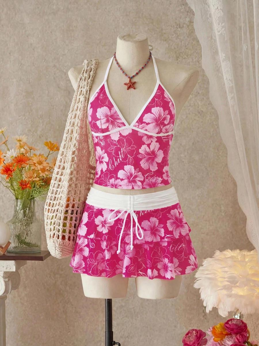 Women's Summer Beach Festival Print Halter Bikini Set, Casual Vacation Style, Fitted Tank Top and Skirt Three-Piece Suit, Tankini Sets
